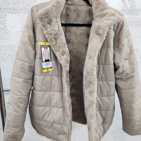 NWT Nicole Miller Reversible Faux Fur Puffer Jacket Tan Size Small - Picture 13 of 16